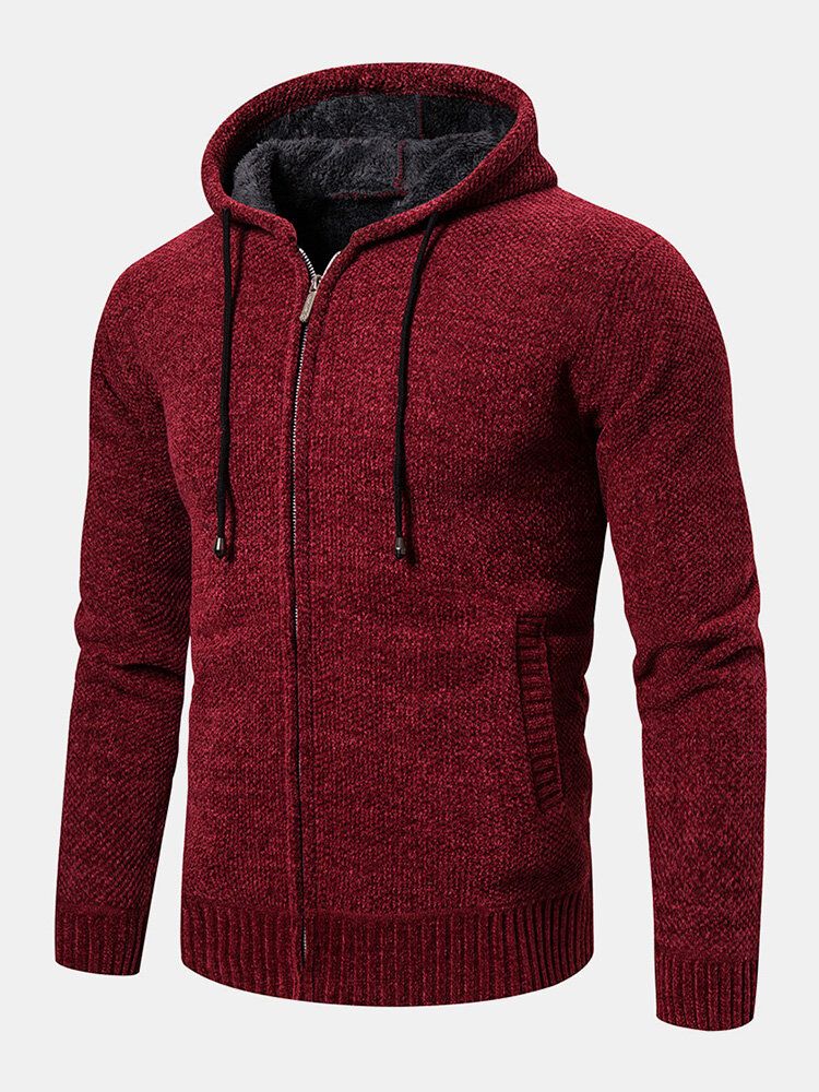 Chaqueta Con Capucha De Suéter Con Capucha De Manga Larga Cálida De Color Sólido Con Cremallera Frontal De Punto Para Hombre