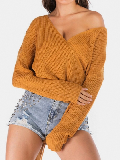 Jersey De Punto De Color Sólido Con Cuello En V Y Hombros Caídos Suéter Con Estilo Informal