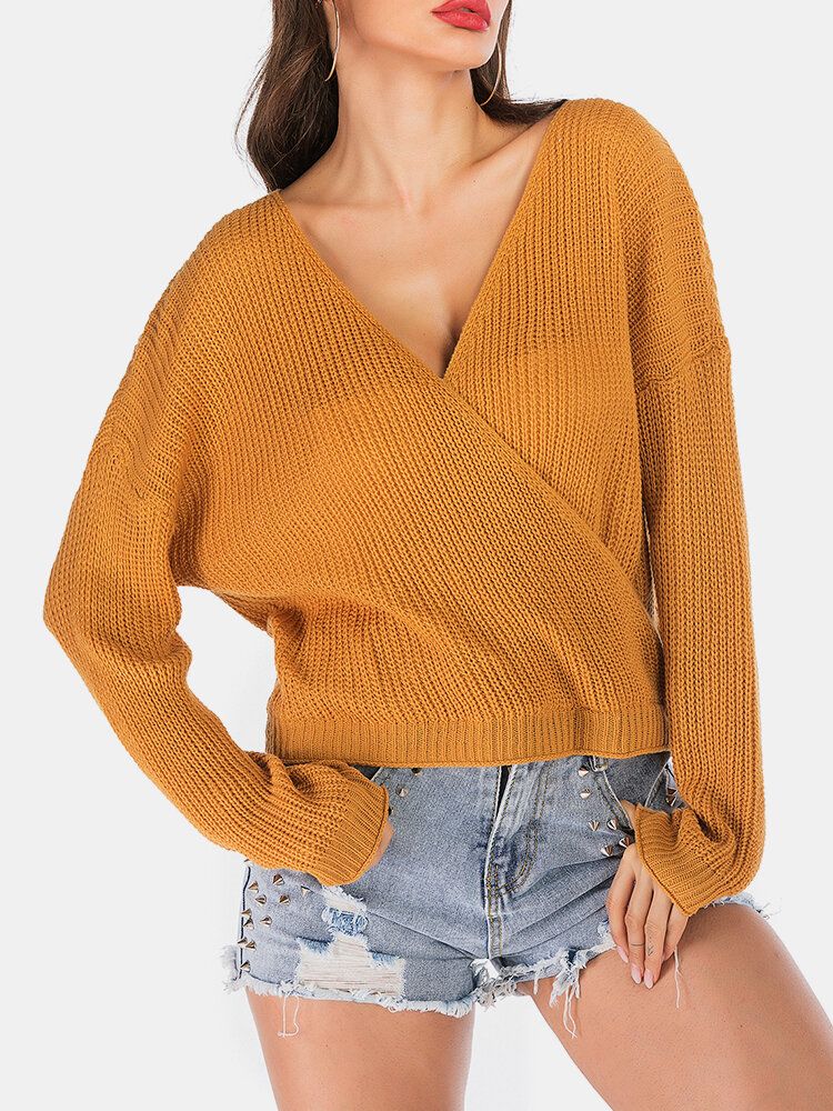 Jersey De Punto De Color Sólido Con Cuello En V Y Hombros Caídos Suéter Con Estilo Informal