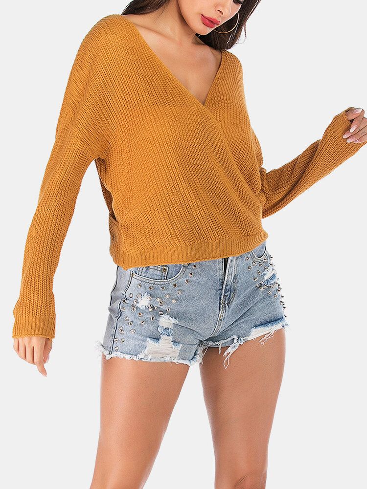 Jersey De Punto De Color Sólido Con Cuello En V Y Hombros Caídos Suéter Con Estilo Informal