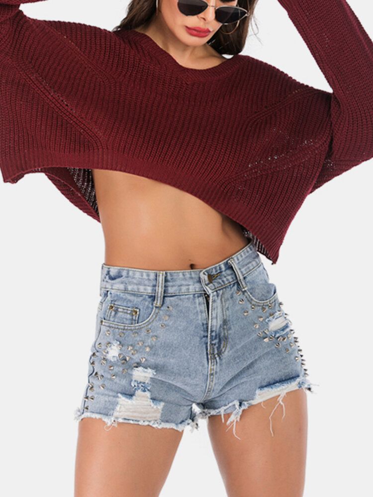 Mujeres De Color Sólido Con Cuello En V Crop Top Knit Casual Suéteres Sueltos Con Estilo