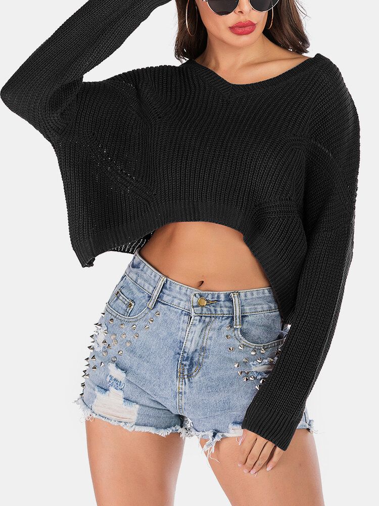 Mujeres De Color Sólido Con Cuello En V Crop Top Knit Casual Suéteres Sueltos Con Estilo