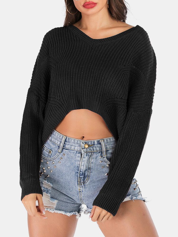 Mujeres De Color Sólido Con Cuello En V Crop Top Knit Casual Suéteres Sueltos Con Estilo