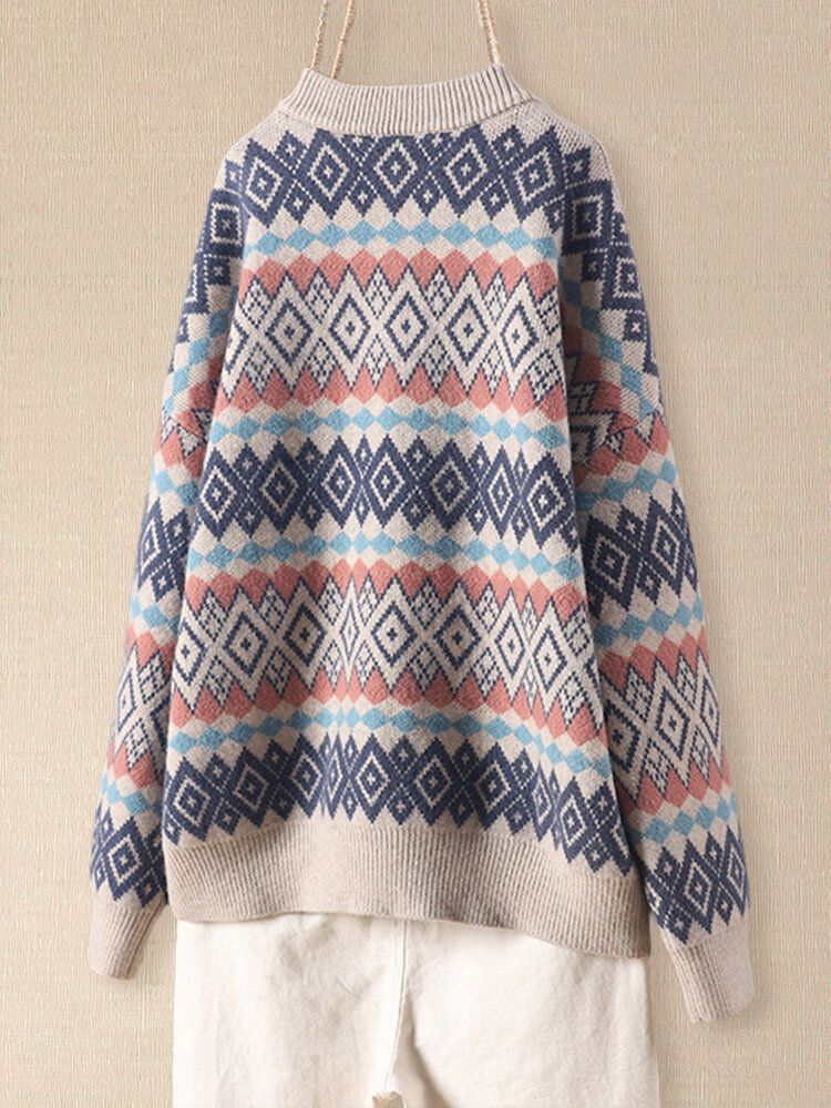 Mujeres Vintage Argyle Cuello Redondo Jacquard Knit Drop Shoulder Suéteres Sueltos