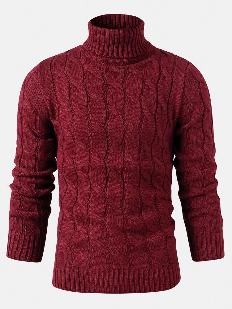 Suéter Básico Casual De Color Sólido De Cuello Alto De Punto Trenzado Para Hombre