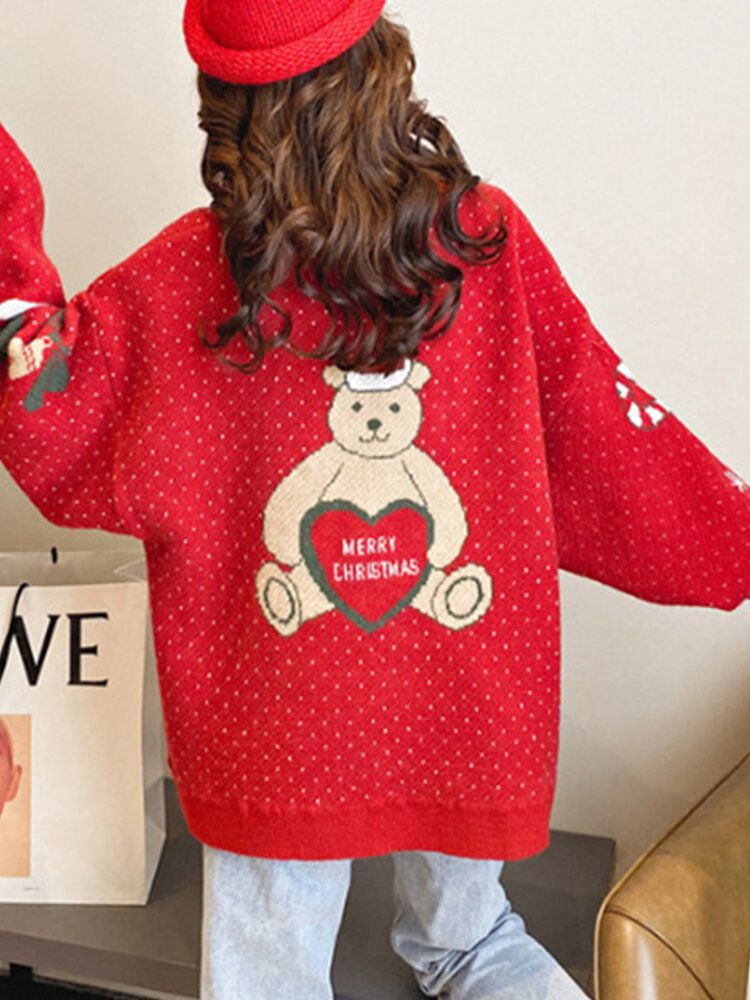 Suéter De Punto Casual Con Cuello Redondo Y Estampado De Oso Lindo De Navidad Para Mujer