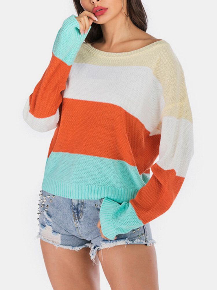 Suéter De Punto Casual Con Cuello Redondo Y Manga Larga Con Bloques De Color Para Mujer