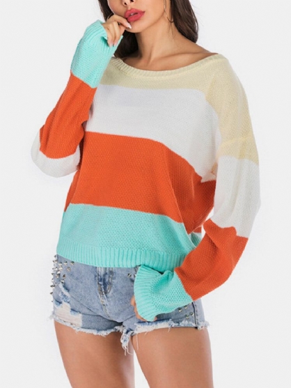 Suéter De Punto Casual Con Cuello Redondo Y Manga Larga Con Bloques De Color Para Mujer