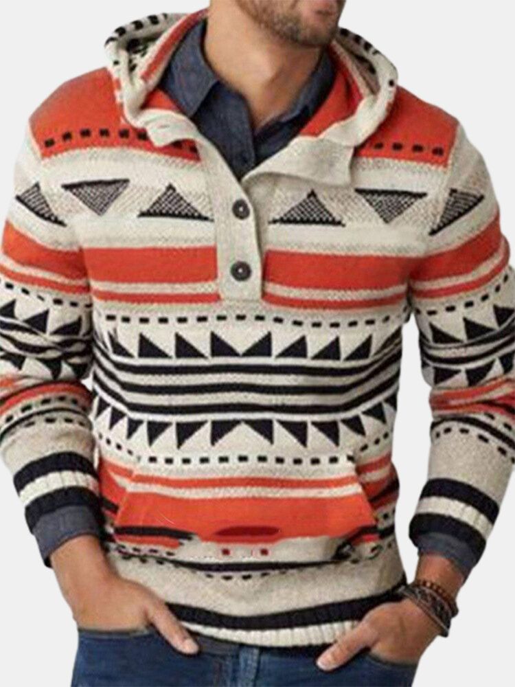 Suéteres Con Capucha De Punto Con Diseño Geométrico Tribal Vintage Para Hombre