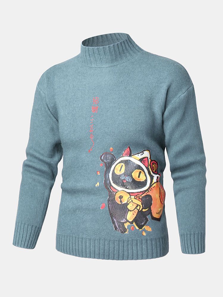 Suéteres De Punto De Cuello Alto Con Patrón De Personaje De Estilo Étnico Y Gato De Dibujos Animados Para Hombre