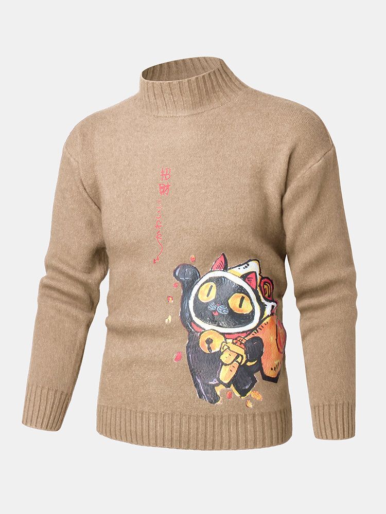 Suéteres De Punto De Cuello Alto Con Patrón De Personaje De Estilo Étnico Y Gato De Dibujos Animados Para Hombre