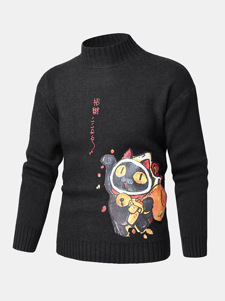 Suéteres De Punto De Cuello Alto Con Patrón De Personaje De Estilo Étnico Y Gato De Dibujos Animados Para Hombre