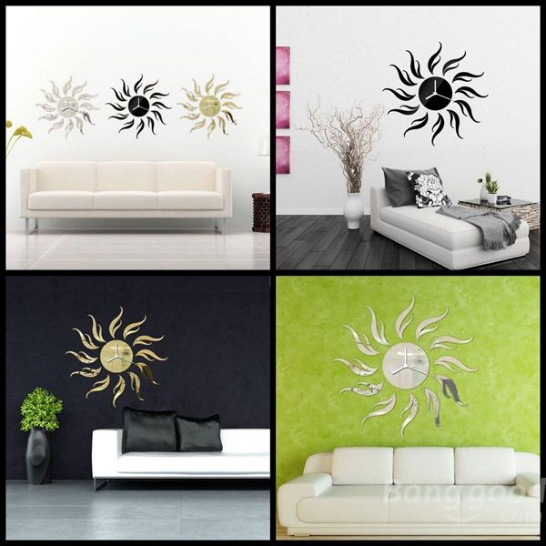 3d Diy Girasol Forma Espejo Reloj De Pared Sala De Estar Pegatinas De Pared Decoración De La Etiqueta De La Oficina