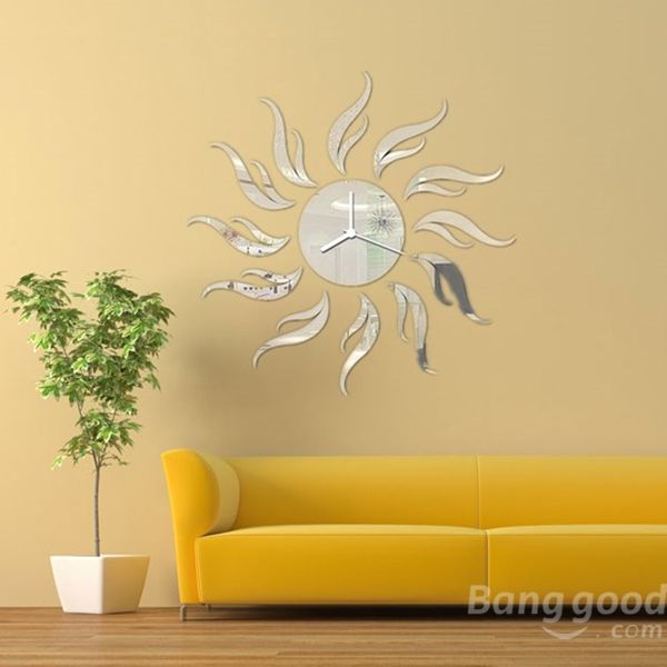 3d Diy Girasol Forma Espejo Reloj De Pared Sala De Estar Pegatinas De Pared Decoración De La Etiqueta De La Oficina