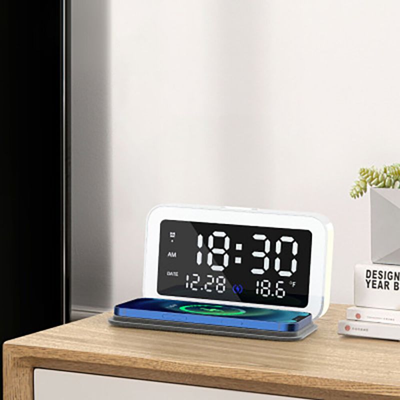 6 En 1 Led Reloj Despertador Eléctrico Termómetro Reloj De Luz Nocturna Multifunción Digital Con Teléfono Móvil Cargador Inalámbrico Suministros De Oficina En Casa