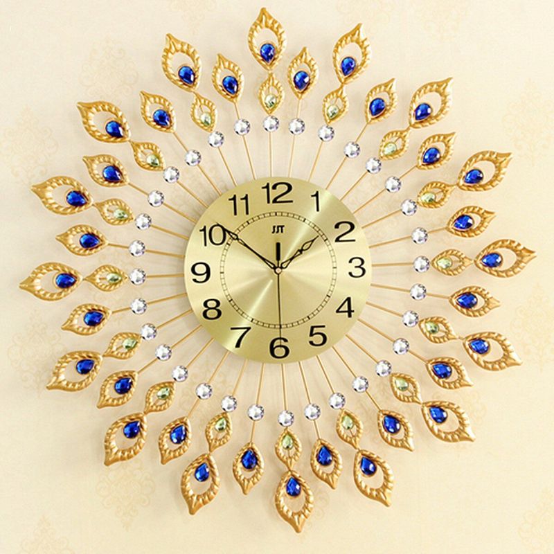 67cm Lujo Pavo Real Diamante Hierro Arte Reloj De Pared Sala De Estar Reloj Hogar