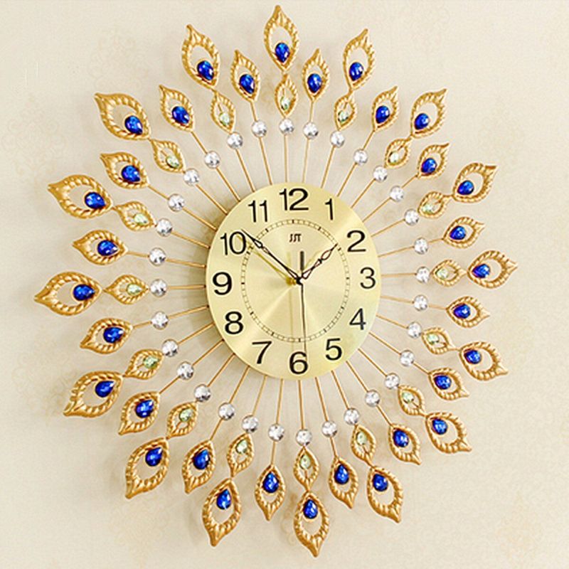 67cm Lujo Pavo Real Diamante Hierro Arte Reloj De Pared Sala De Estar Reloj Hogar