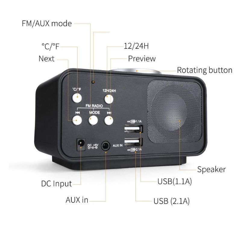 Dc-14 Lcd Digital Snooze Radio Fm Entrada Auxiliar Y Puertos De Carga Usb Dobles Reloj Despertador