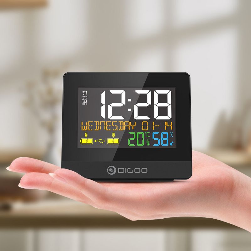 Dg-8291 Puerto De Carga Usb Dual Reloj Despertador Higrómetro 10w Cargador De Teléfono Snooze Nap Countdown Desktop Reloj Decorativo