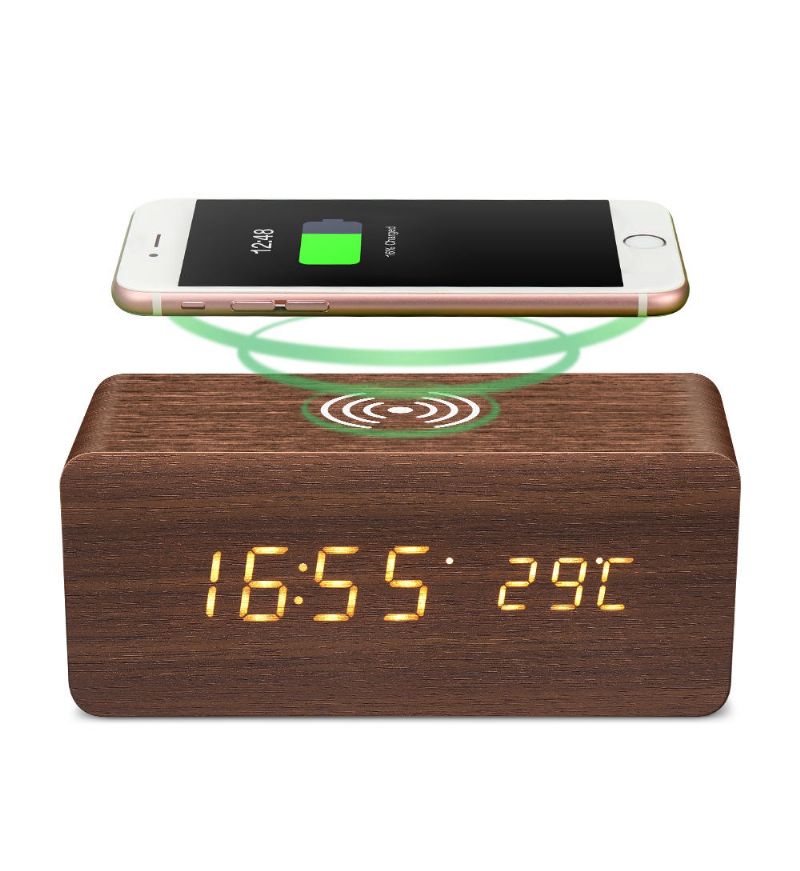 Digoo Dg-ac80 Led 12 24 Horas Pantalla Ajustable Reloj De Madera Carga Inalámbrica Control De Voz Alarma Cl