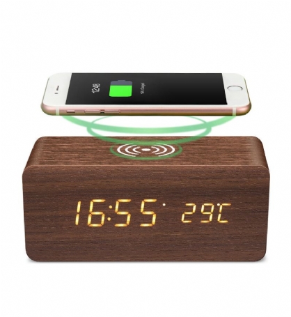 Digoo Dg-ac80 Led 12 24 Horas Pantalla Ajustable Reloj De Madera Carga Inalámbrica Control De Voz Alarma Cl