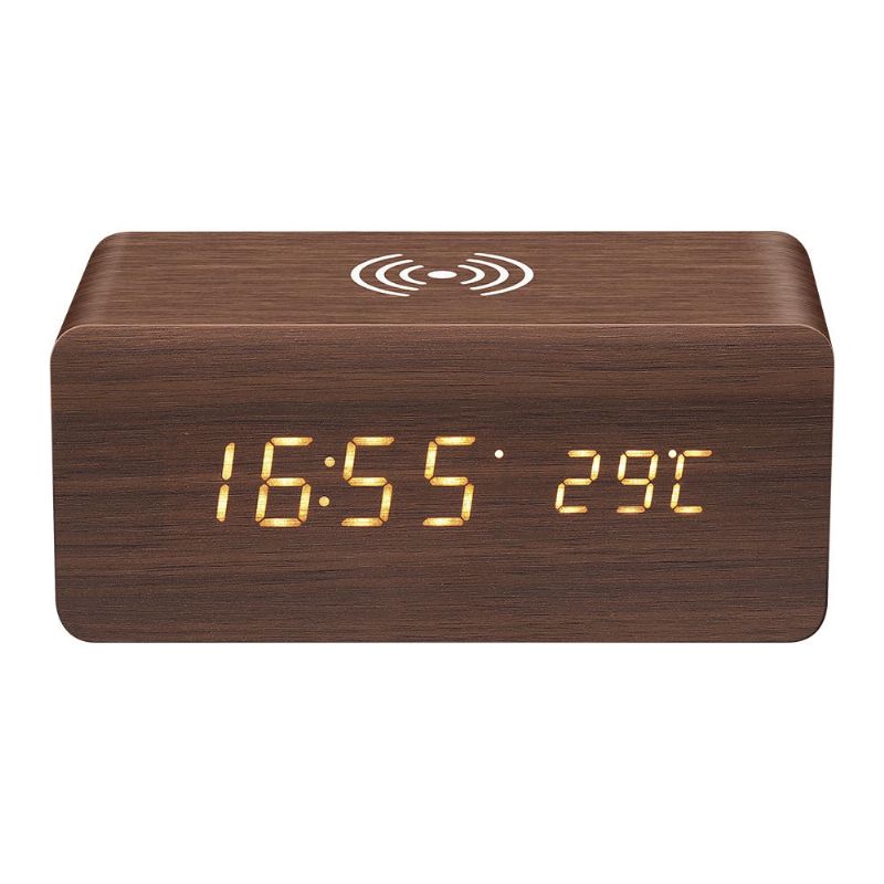 Digoo Dg-ac80 Led 12 24 Horas Pantalla Ajustable Reloj De Madera Carga Inalámbrica Control De Voz Alarma Cl