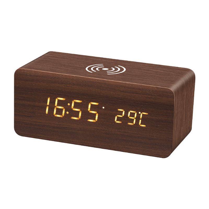 Digoo Dg-ac80 Led 12 24 Horas Pantalla Ajustable Reloj De Madera Carga Inalámbrica Control De Voz Alarma Cl