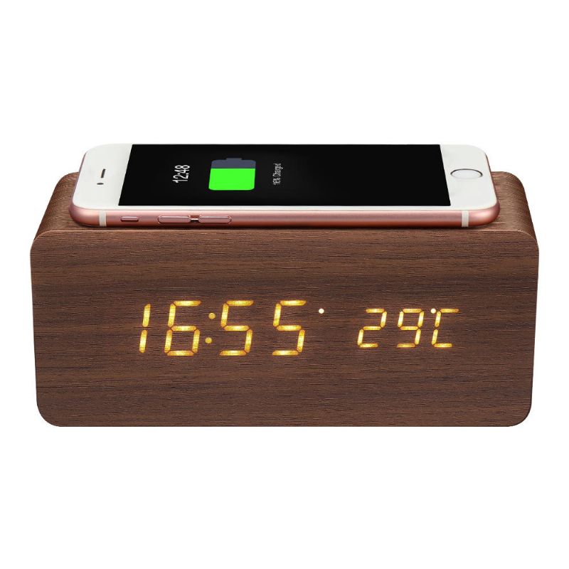 Digoo Dg-ac80 Led 12 24 Horas Pantalla Ajustable Reloj De Madera Carga Inalámbrica Control De Voz Alarma Cl