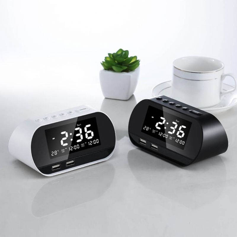 Dual Home Fm 2 Puertos Usb Cargador De Teléfono Reloj Despertador Multifuncional Raido Diseño Todo En Uno Con Altavoz Inalámbrico Brillo De Oficina Ajustable Pantalla Lcd Calendario Permanente