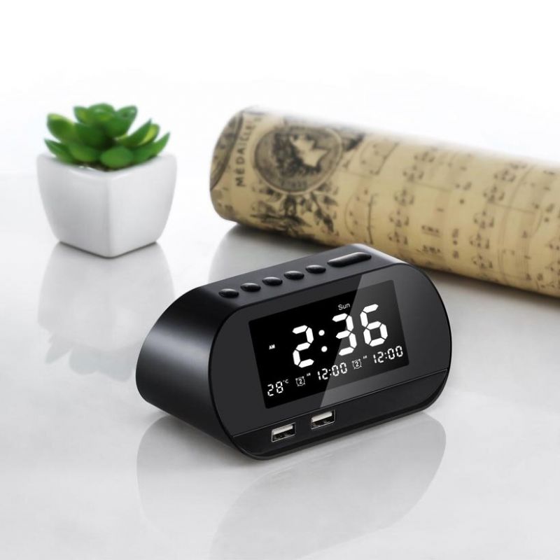 Dual Home Fm 2 Puertos Usb Cargador De Teléfono Reloj Despertador Multifuncional Raido Diseño Todo En Uno Con Altavoz Inalámbrico Brillo De Oficina Ajustable Pantalla Lcd Calendario Permanente