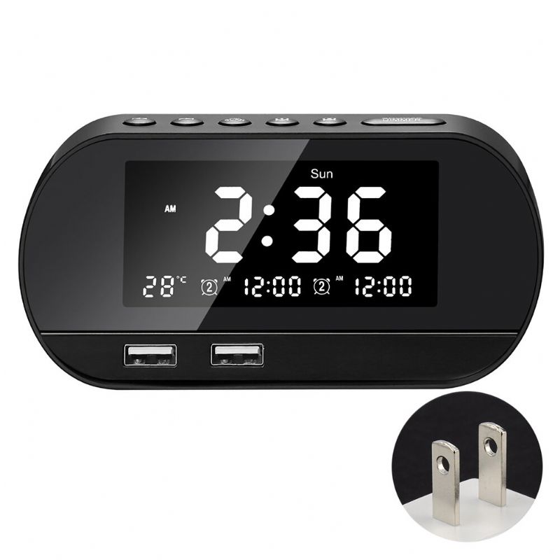 Dual Home Fm 2 Puertos Usb Cargador De Teléfono Reloj Despertador Multifuncional Raido Diseño Todo En Uno Con Altavoz Inalámbrico Brillo De Oficina Ajustable Pantalla Lcd Calendario Permanente