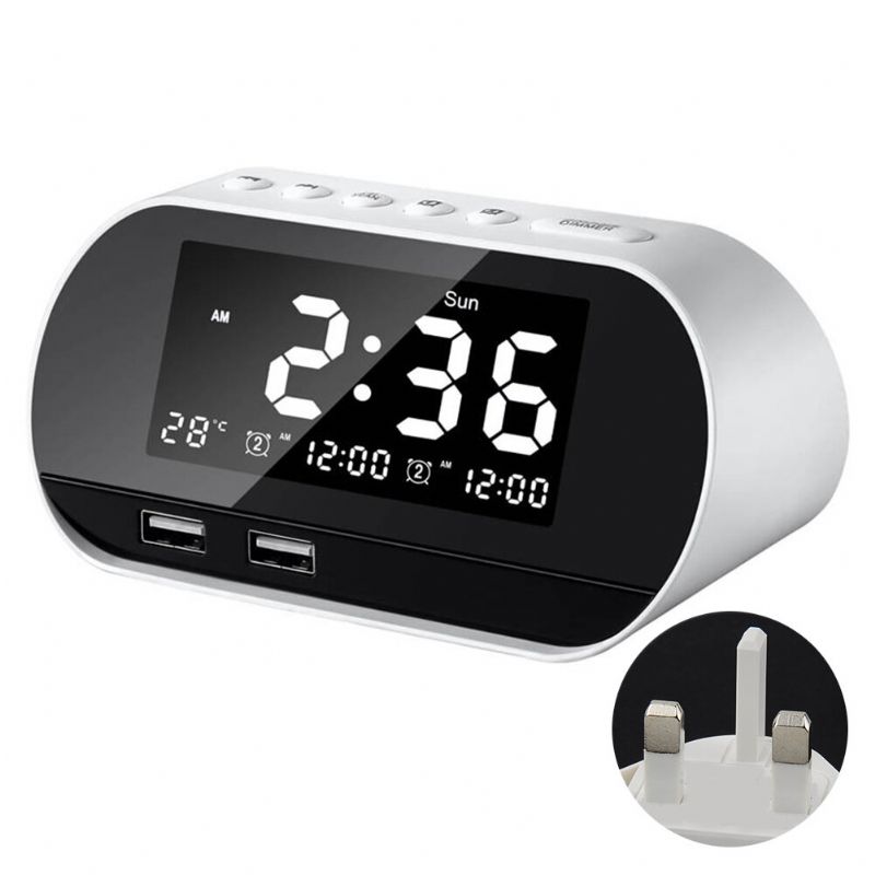 Dual Home Fm 2 Puertos Usb Cargador De Teléfono Reloj Despertador Multifuncional Raido Diseño Todo En Uno Con Altavoz Inalámbrico Brillo De Oficina Ajustable Pantalla Lcd Calendario Permanente