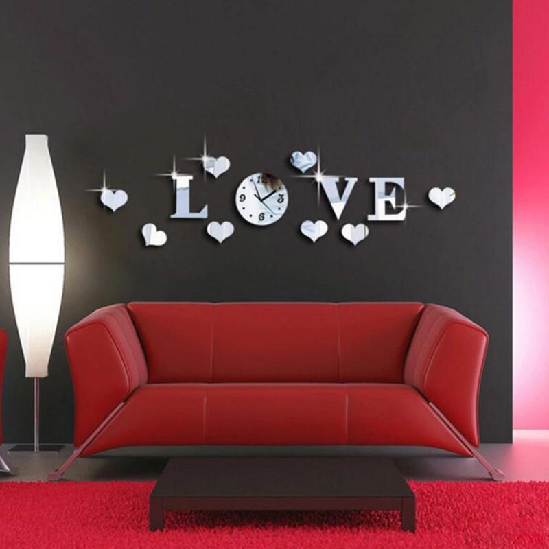 Dx-x2 Creative Love 3d Espejo Acrílico Etiqueta De La Pared Relojes De Cuarzo Reloj Decoración Grande Para El Hogar