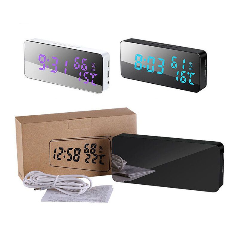 Espejo Led Cargador De Teléfono Móvil Espejo Reloj Despertador De Pared Snooze Control De Sonido Temperatura Y Humedad Reloj De Cambio De Color