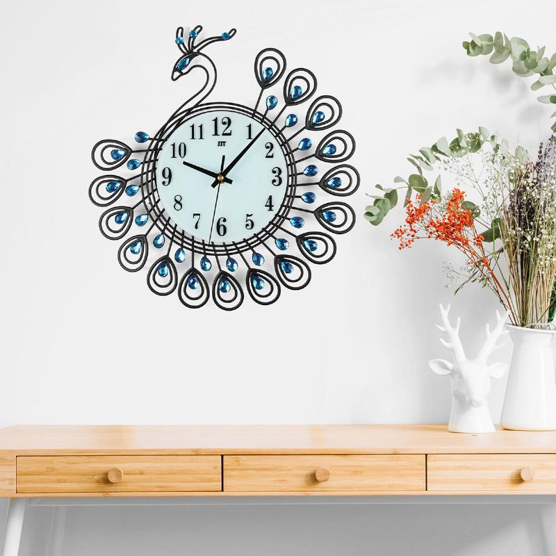 Gran Diy 3d Flor Pavo Real Diamante Reloj De Pared Metal Decoraciones Modernas Para La Oficina En Casa