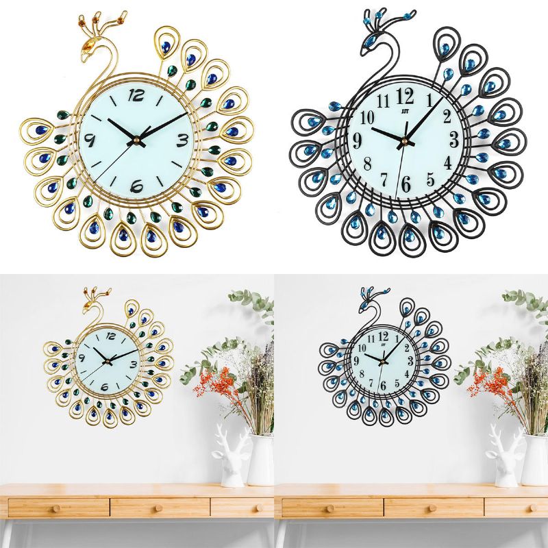 Gran Diy 3d Flor Pavo Real Diamante Reloj De Pared Metal Decoraciones Modernas Para La Oficina En Casa