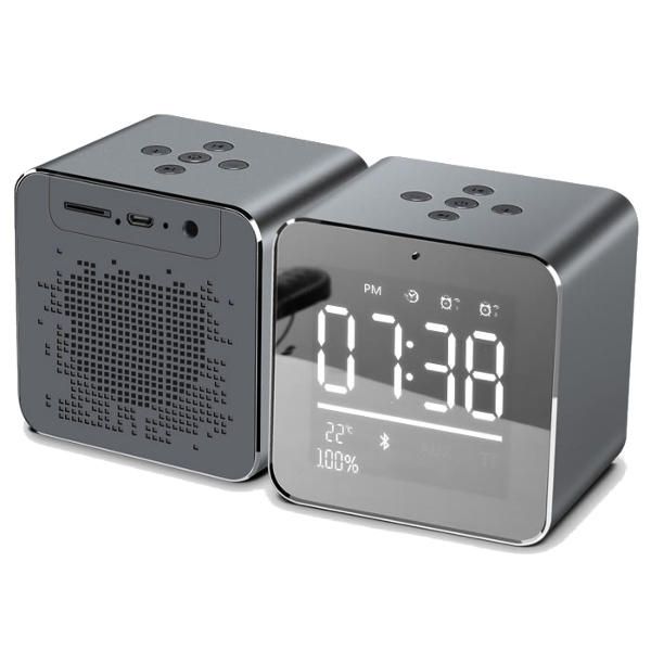 Hc-25 2 En 1 Espejo Recargable Pantalla Lcd Mini Altavoz Azul Reloj Despertador Soporte Tarjeta Aux Tf