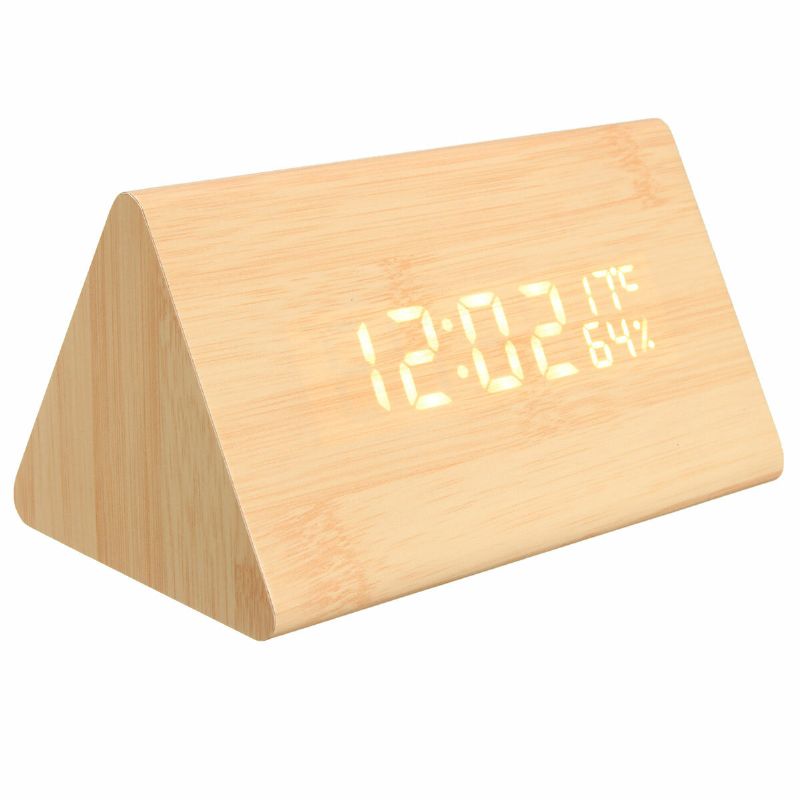 Hc-31 Control De Voz Usb Madera Triángulo De Madera Temperatura Led Reloj Despertador Digital Termómetro De Humedad