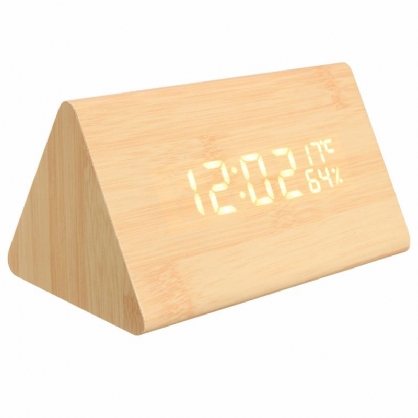 Hc-31 Control De Voz Usb Madera Triángulo De Madera Temperatura Led Reloj Despertador Digital Termómetro De Humedad