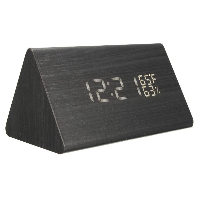 Hc-31 Control De Voz Usb Madera Triángulo De Madera Temperatura Led Reloj Despertador Digital Termómetro De Humedad