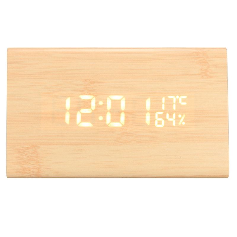 Hc-31 Control De Voz Usb Madera Triángulo De Madera Temperatura Led Reloj Despertador Digital Termómetro De Humedad