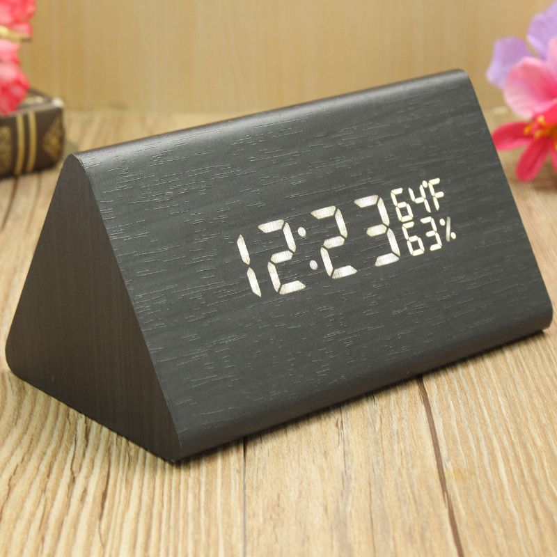 Hc-31 Control De Voz Usb Madera Triángulo De Madera Temperatura Led Reloj Despertador Digital Termómetro De Humedad