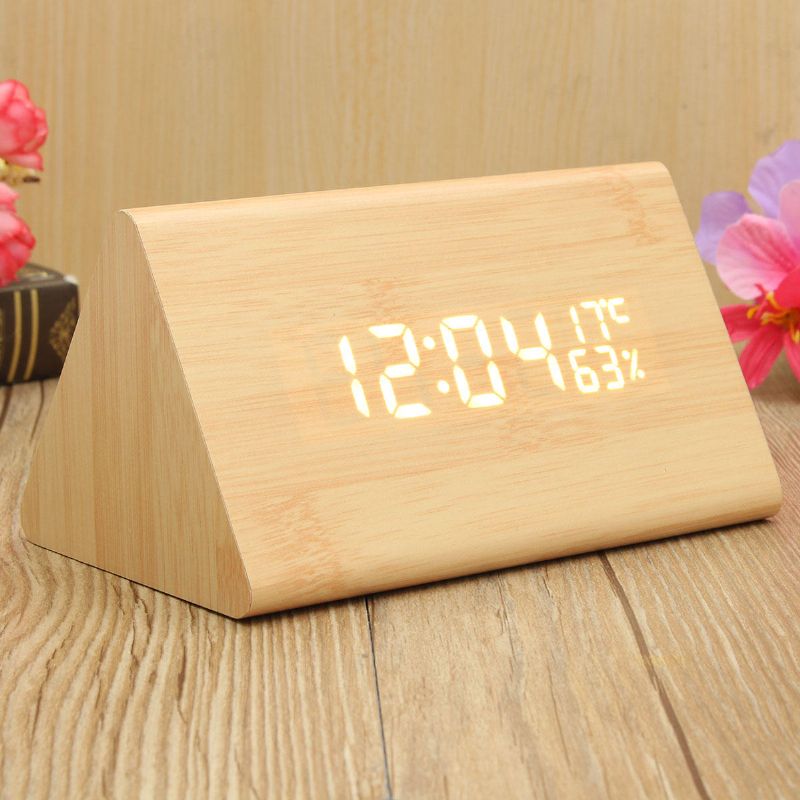 Hc-31 Control De Voz Usb Madera Triángulo De Madera Temperatura Led Reloj Despertador Digital Termómetro De Humedad