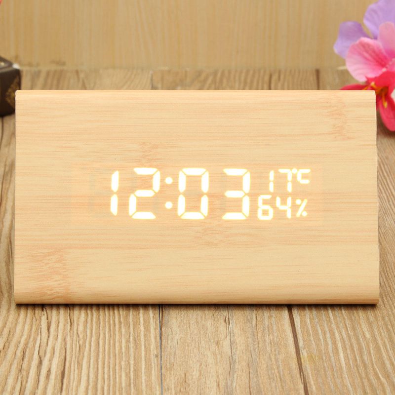 Hc-31 Control De Voz Usb Madera Triángulo De Madera Temperatura Led Reloj Despertador Digital Termómetro De Humedad