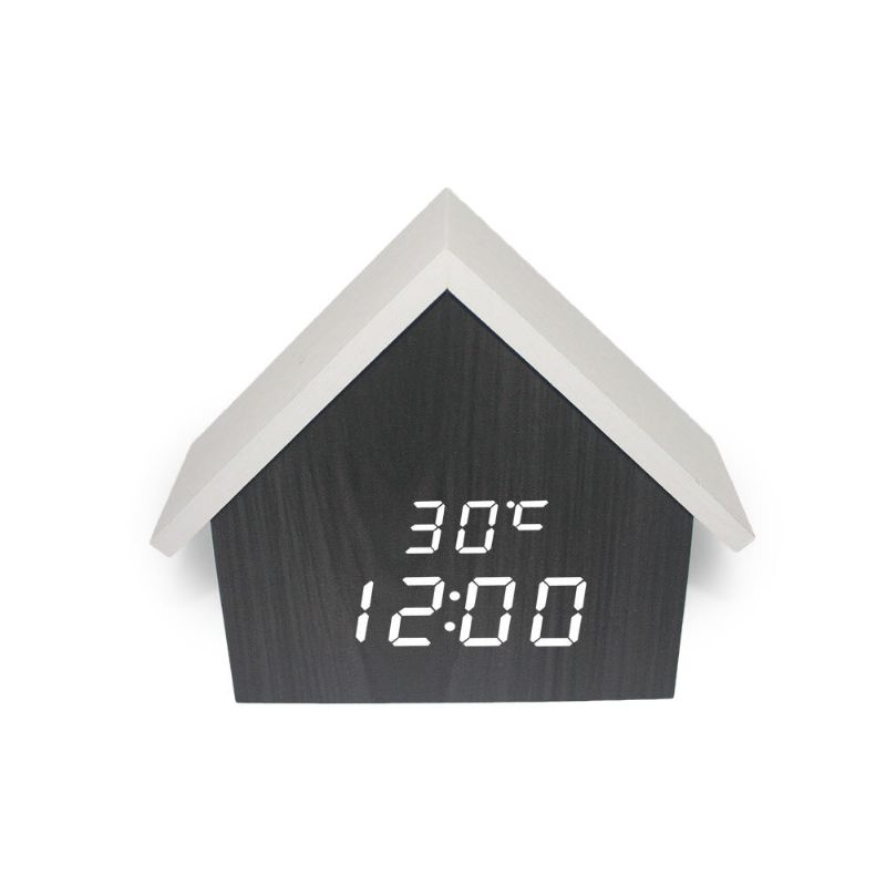 Hs-l Led Reloj Despertador De Madera Relojes De Pantalla Digital Electrónicos Activados Por Voz Decoración De Escritorio Con Forma De Casa