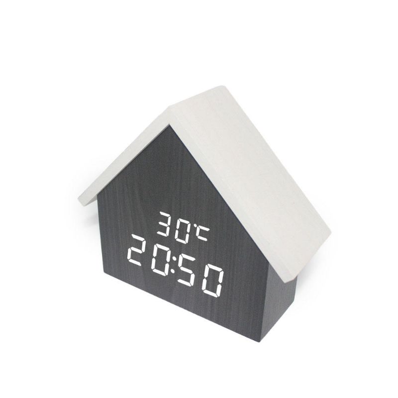 Hs-l Led Reloj Despertador De Madera Relojes De Pantalla Digital Electrónicos Activados Por Voz Decoración De Escritorio Con Forma De Casa