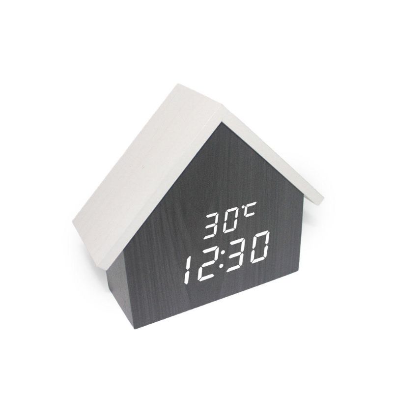 Hs-l Led Reloj Despertador De Madera Relojes De Pantalla Digital Electrónicos Activados Por Voz Decoración De Escritorio Con Forma De Casa