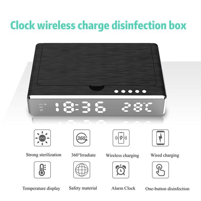 Led Uv Desinfección Teléfono Cargador Inalámbrico Reloj Despertador Espejo Caja De Carga Termómetro Digital Reloj Hd Decoración Del Hogar