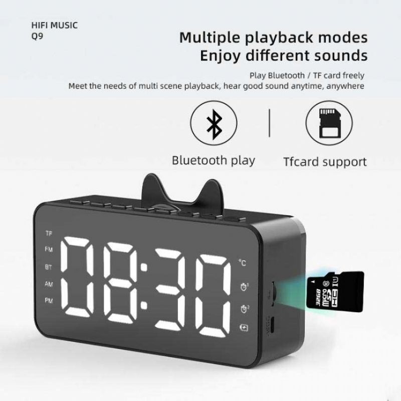 Q9 Radio Fm Reloj Espejo Altavoz Bluetooth Doble Alarma Termómetro Soporte Para Teléfono Tarjeta Multifunción Audio Pantalla Hd Altavoz Inteligente