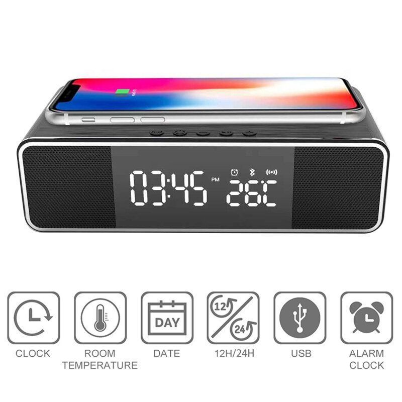 Reloj Despertador Bluetooth Inalámbrico Cargador De Teléfono Radio Fm Mesa Termómetro Digital Con Reloj Despertador Pantalla Reloj De Escritorio Para Decoración Del Hogar